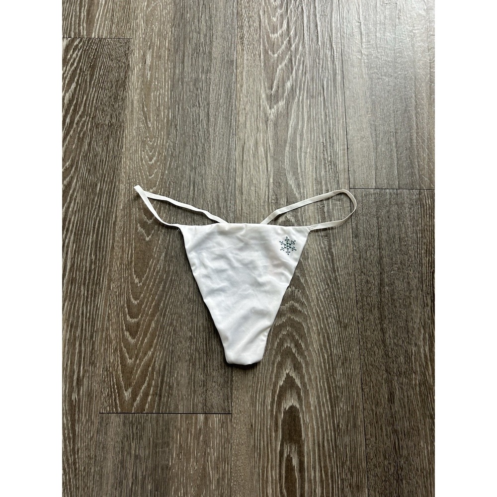 2000s Victoria's Secret Very Sexy G String White Satin Blue Rhinestone Thong Y2K